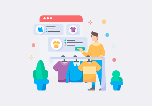 man searching internet whilst looking for clothing