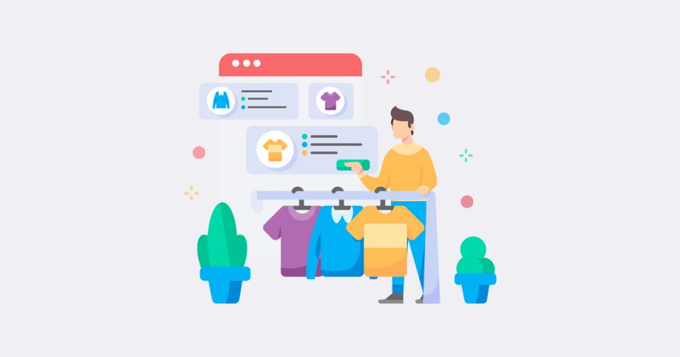 man searching internet whilst looking for clothing