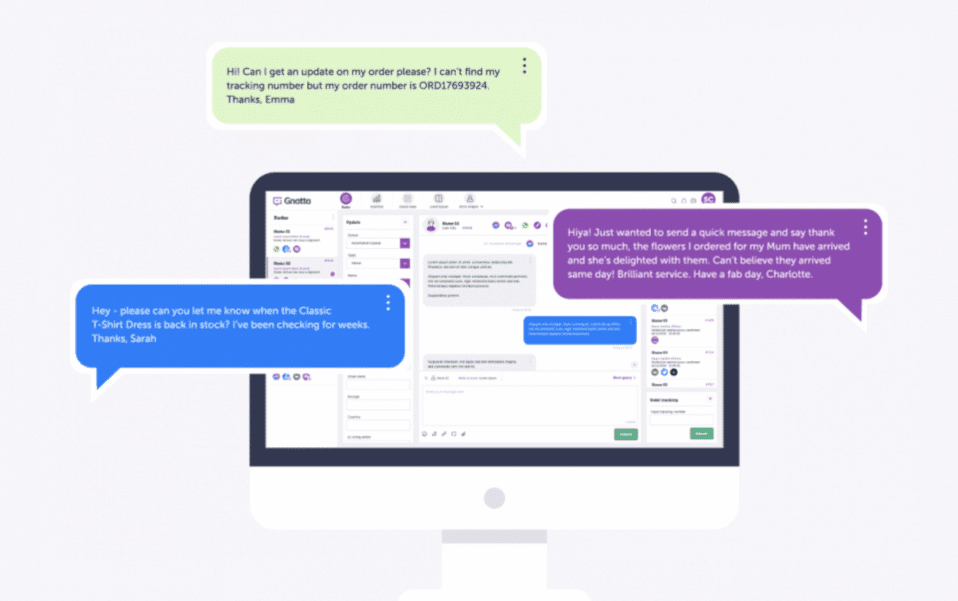 computer screen graphic with customer quotes in speech bubbles