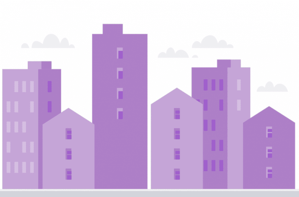 purple cartoon houses with clouds