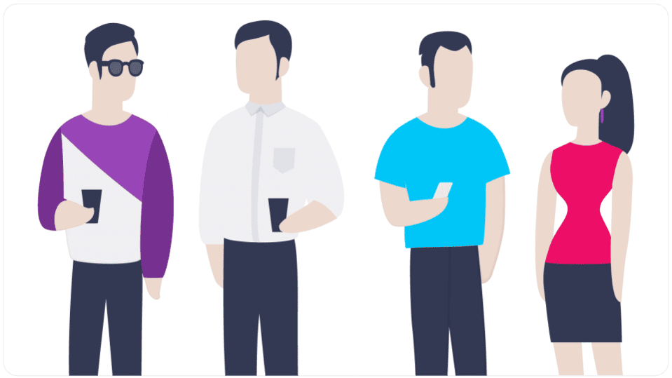 4 cartoon people stood next to each other