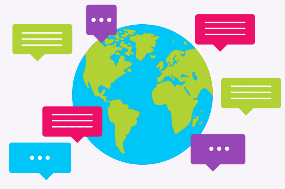 graphic of the earth surrounded by speech bubbles