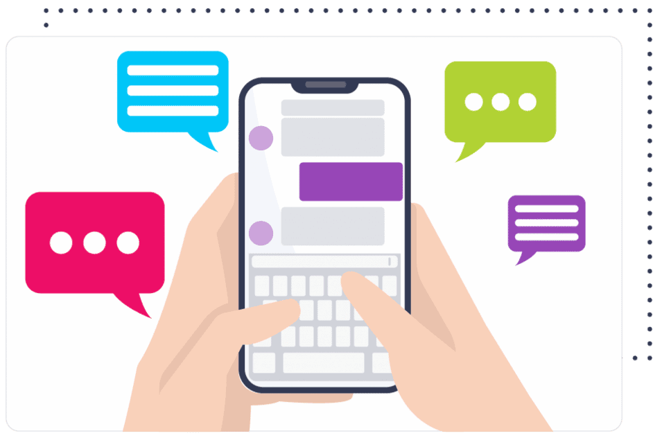 person using a mobile phone with speech bubbles around it